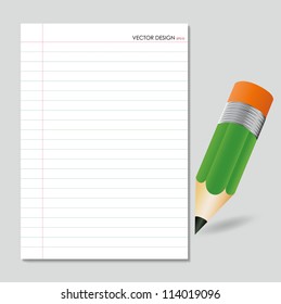 Lápiz y papel blanco, listos para tu mensaje. Ilustración vectorial.