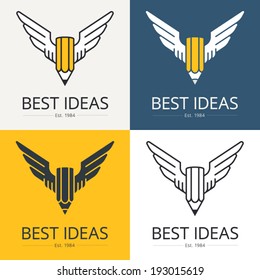 Pencil with wings, conceptual illustration for art, scripting, design themes. Logo template. Vector graphics.