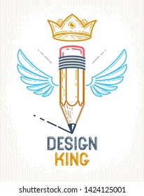 Pencil with wings and crown, vector simple trendy logo or icon for designer or studio, creative king, royal design, linear style.
