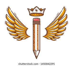 Pencil with wings and crown, vector simple trendy logo or icon for designer or studio, creative king, royal design, linear style.