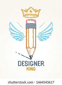Pencil with wings and crown, vector simple trendy logo or icon for designer or studio, creative king, royal design, linear style.