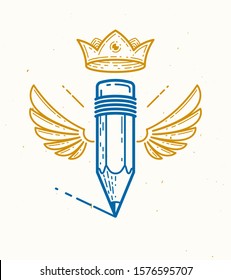 Pencil with wings and crown, vector simple trendy logo or icon for designer or studio, creative king, royal design, linear style.