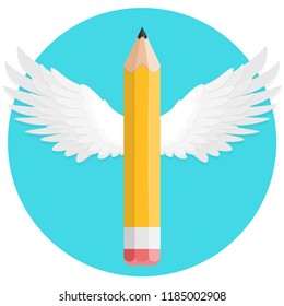 pencil with wings flat design icon