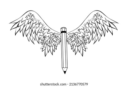 Pencil with wings, illustration for art, scripting, Design for creative writing and creation, storytelling, blogging, education, book cover, article and website content writing, copywriting