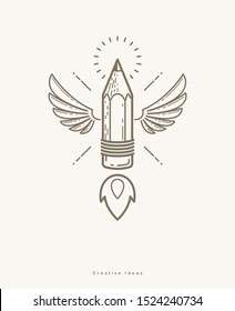 Pencil with wings launching like a rocket start up, creative energy genius artist or designer, vector design and creativity logo or icon, art startup.