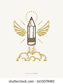 Pencil with wings launching like a rocket start up, creative energy genius artist or designer, vector design and creativity logo or icon, art startup.