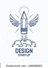 Pencil with wings launching like a rocket start up, creative energy genius artist or designer, vector design and creativity logo or icon, art startup.