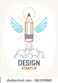 Pencil with wings launching like a rocket start up, creative energy genius artist or designer, vector design and creativity logo or icon, art startup.