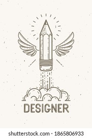 Pencil with wings launching like a rocket start up, creative energy genius artist or designer, vector design and creativity logo or icon, art startup.
