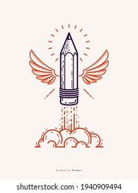 Pencil with wings launching like a rocket start up, creative energy genius artist or designer, vector design and creativity logo or icon, art startup.