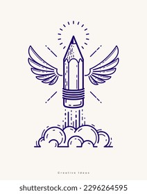 Pencil with wings launching like a rocket start up, creative energy genius artist or designer, vector design and creativity logo or icon, art startup.