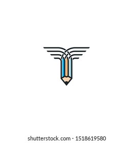 Pencil with wings logo design. Fly pencil emblem template. Modern flat line style graphic designer logo concept. Vector creative logotype element, eps 10