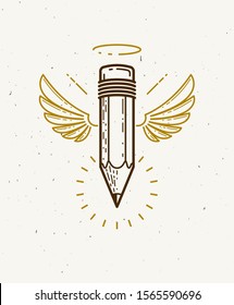 Pencil with wings and nimbus, vector simple trendy logo or icon for designer or studio, creative spirit, angel design, linear style.
