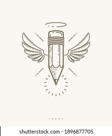 Pencil with wings and nimbus, vector simple trendy logo or icon for designer or studio, creative spirit, angel design, linear style.