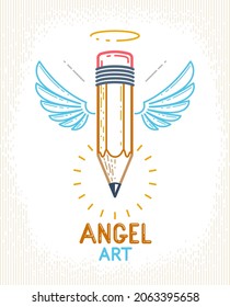 Pencil with wings and nimbus, vector simple trendy logo or icon for designer or studio, creative spirit, angel design, linear style.