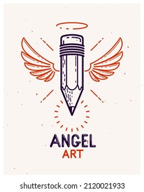 Pencil and wings   nimbus  vector simple trendy logo icon for designer studio  creative spirit  angel design  linear style 