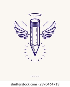 Pencil with wings and nimbus, vector simple trendy logo or icon for designer or studio, creative spirit, angel design, linear style.