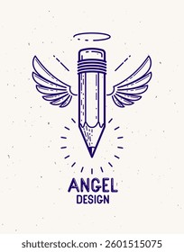 Pencil with wings and nimbus, vector simple trendy logo or icon for designer or studio, creative spirit, angel design, linear style.