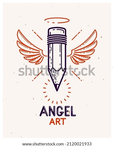 Pencil with wings and nimbus, vector simple trendy logo or icon for designer or studio, creative spirit, angel design, linear style.