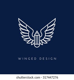 Pencil with wings. Template for logo, label, emblem, sign, stamp. Vector illustration.