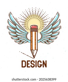 Pencil with wings, vector simple trendy logo or icon for designer or studio, creative freedom, angel design, linear style.