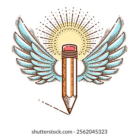 Pencil with wings, vector simple trendy logo or icon for designer or studio, creative freedom, angel design, linear style.