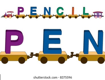 Pencil word on the toy train