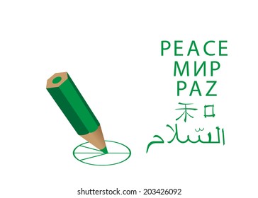 Pencil and the word the peace in different languages