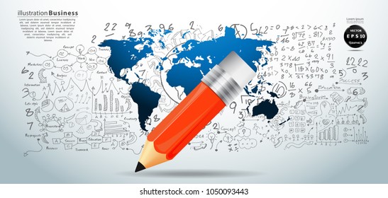 Pencil  - World map blue - Background Plan Business - modern Idea and Concept Vector illustration Business.
