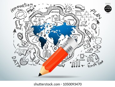 Pencil  - World map blue - Background Plan Business - modern Idea and Concept Vector illustration Business.
