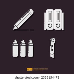 Pencil or write, binder stationery, drawing crayon, cutter knife. School or office stationery glyph icon set. Vector Collection Illustration