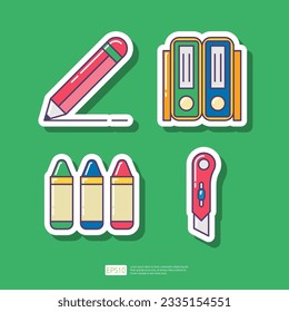 Pencil or write, binder stationery, drawing crayon, cutter knife. School or office stationery sticker icon set. Vector Collection Illustration