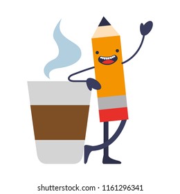 pencil write with coffee drink kawaii character