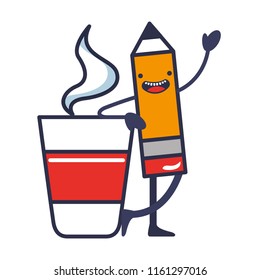 pencil write with coffee drink kawaii character