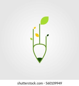 PENCIL WRITE GREEN LEAF LOGO ICON SYMBOL EMBLEM TEMPLATE