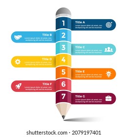 Pencil write infographic. Educational 3D concept. 7 steps options diagram. Vector chart template. Creative colorful illustration. 