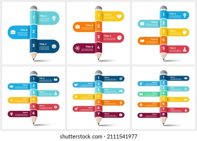 Pencil write infographic. Educational 3D concept. 3, 4, 5, 6, 7, 8 steps options diagram. Vector chart template. Creative colorful illustration. 