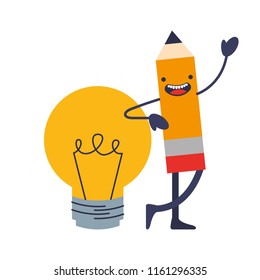 pencil write with light bulb kawaii