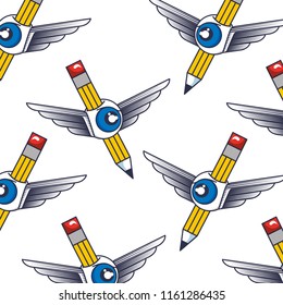 pencil write with wings and eye pattern