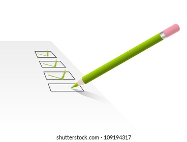 Pencil writes check mark on the form