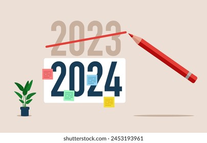 Pencil for writing a business plan. Goal for 2024. Flat vector illustration.