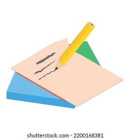 Pencil writing icon isometric vector. Pencil write on paper sheet and stack book. Offline learning concept
