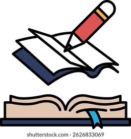 A pencil is writing on a book. The pencil is red and the book is open