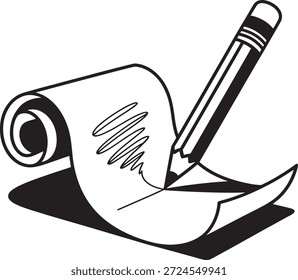 Pencil writing on a scroll of paper depicted in a simple black and white illustration suitable for various design applications.