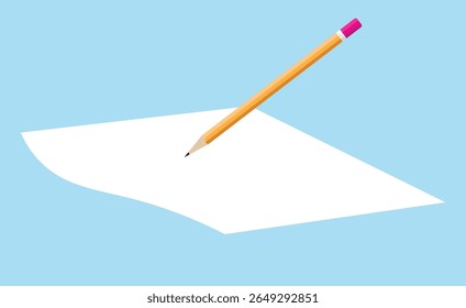 Um lápis com corpo amarelo e borracha rosa é posicionado diagonalmente em uma folha branca em branco sobre um plano de fundo azul claro.
