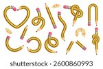 Pencil yellow elements clipart set. Pen writing school items clip art in curved, spiral, tie and broken style in wood yellow material collection vector illustration. 
