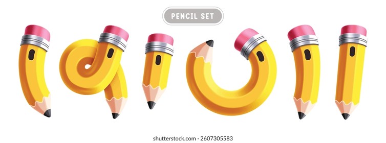 Pencil yellow elements clipart set. School 3d pen for drawing and writing items clip art collection in curve and spiral shape educational wooden object vector illustration.
