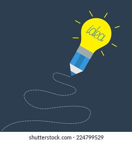 Pencil with yellow light bulb lamp and dash line  Idea concept. Flat design. Vector illustration