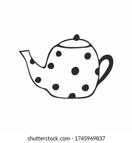 Una tetera Doodle dibujada a lápiz sobre un fondo blanco. Ilustración del contorno vectorial para niños. Elemento de logotipo para una cafetería, cafetería, restaurante y ceremonia del té. Diseño de la cafetería