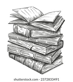 Pencil-drawn stack or pile of books. Hand Drawn Vintage Sketch. Vector Illustration